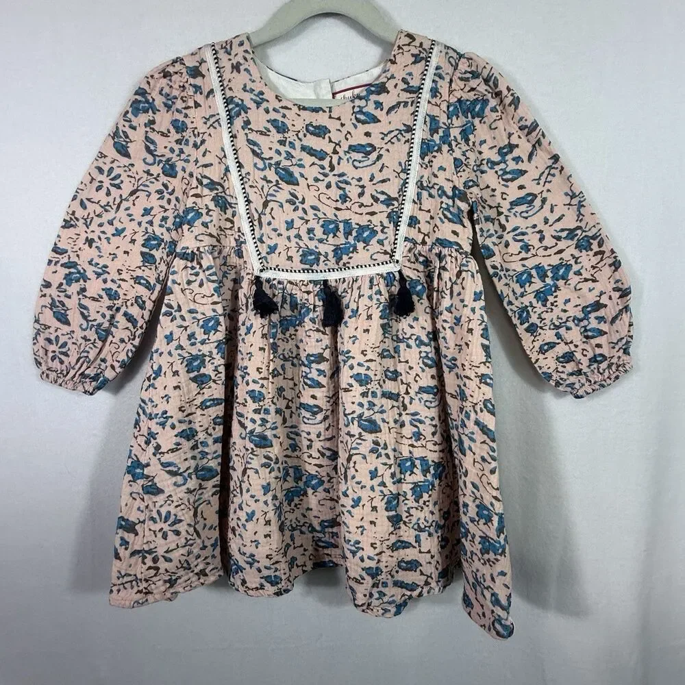Cheeky Plum Pale Pink Blue Leaf Abstract Tassel Gauze Tunic Dress Girls 5T Lined